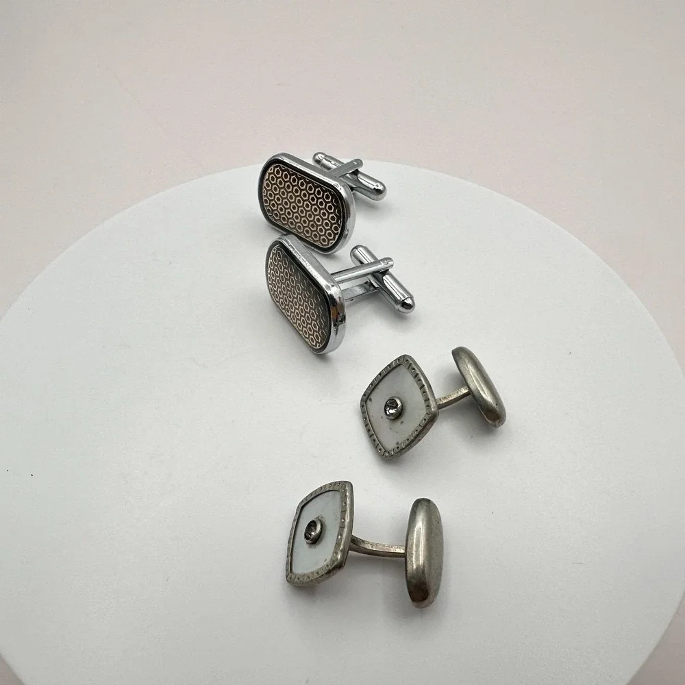 Vintage 80s Silver Tone Cufflink Set Glass Geometric Honeycomb‎ Fashion Jewelry